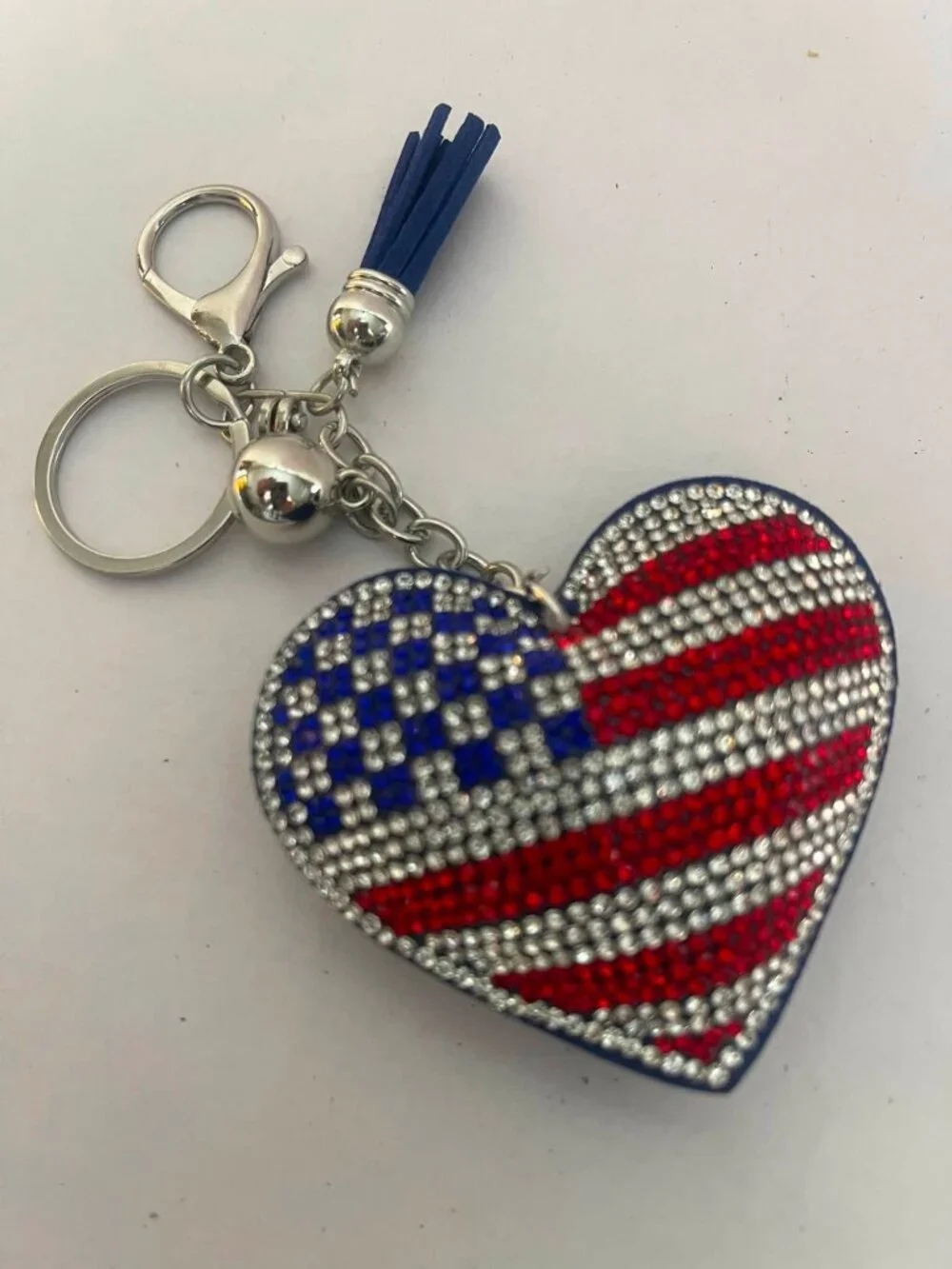 USA Flag Rhinestone Heart Keychain- Crystal Patriotic Purse Charm Red White Blue